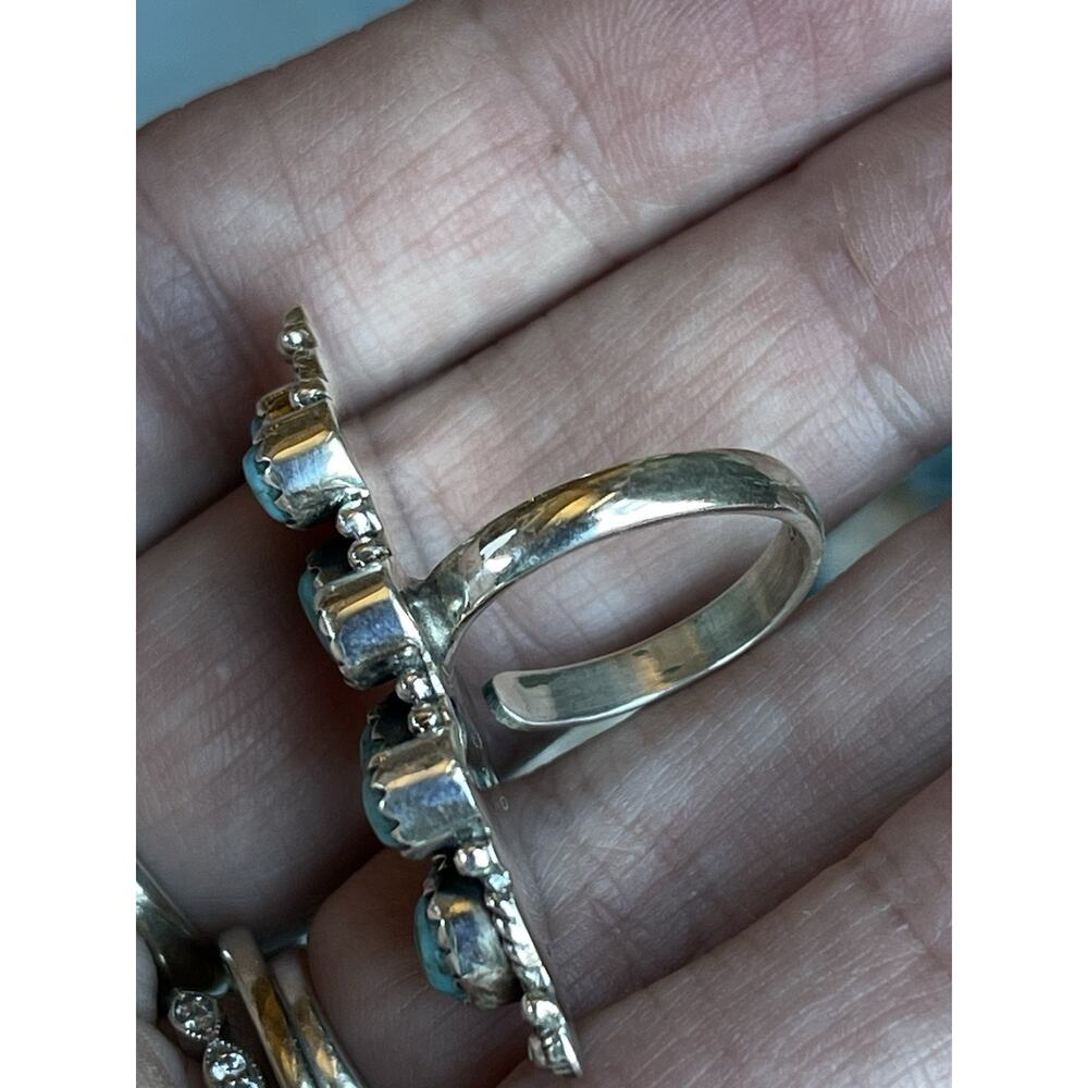 Turquoise Cluster Ring Sterling Silver Native Style Southwest Long Adjustable - Picture 9 of 10